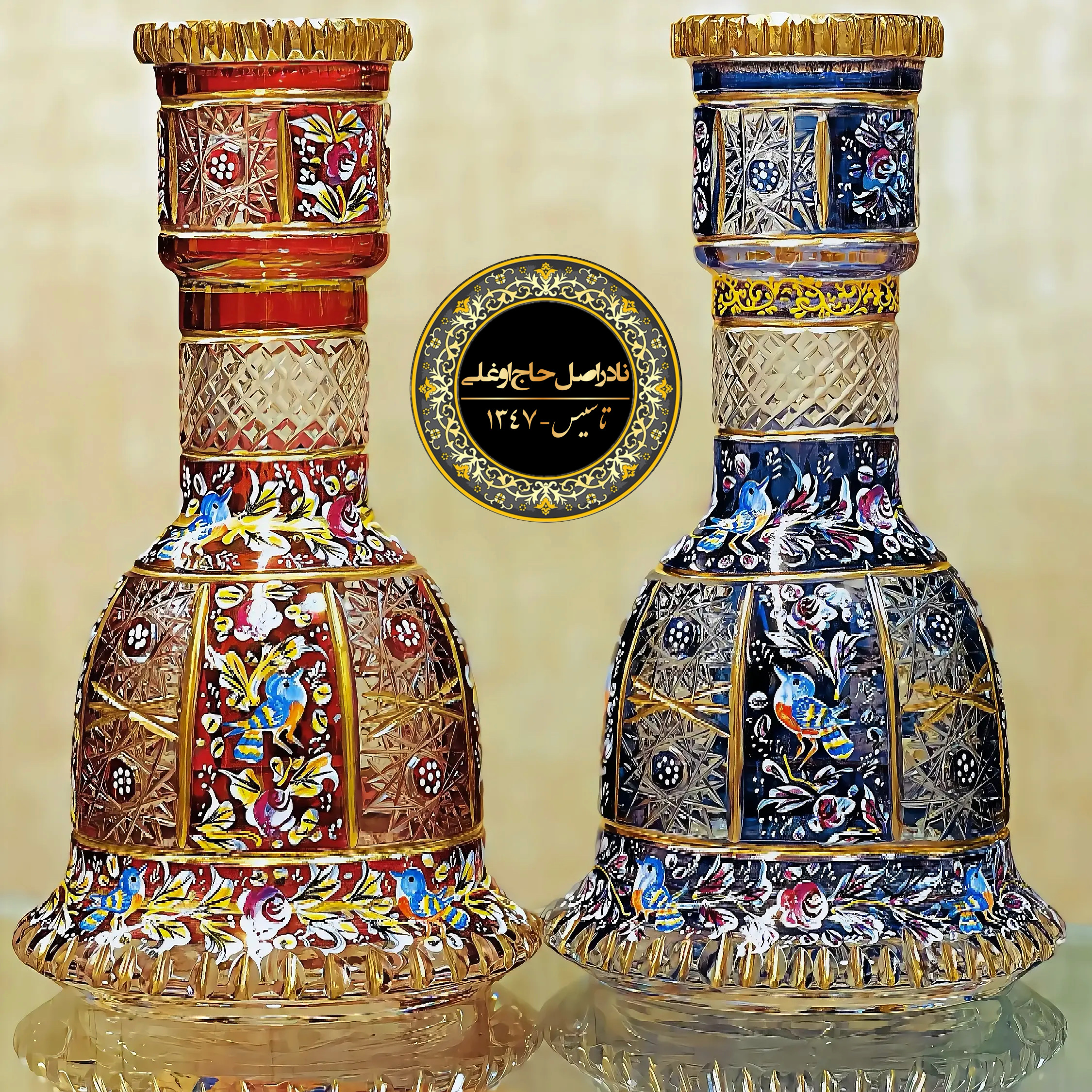 تنگ نیلی دو لوستری گل‌و مرغ نادراصل حاج اوغلی