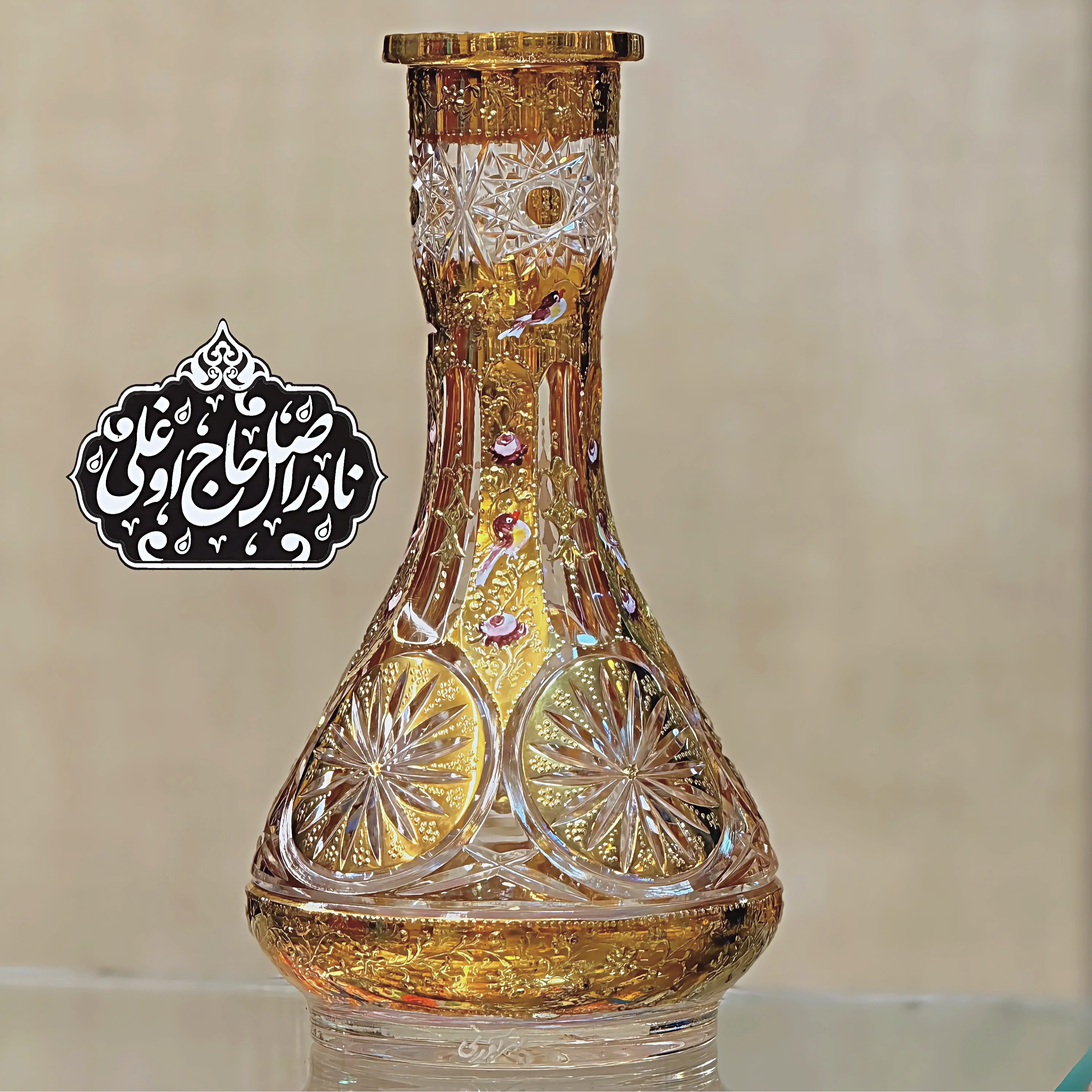 تنگ کریستال خمره ای گل و مرغ طلاکوب استاد مهرآوری
